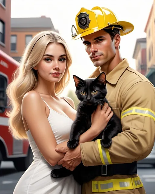 Prompt: (photorealistic painting full body ), a handsome well build tall muscular dark hair young man in yelow fire fighter uniform and helmet holding a black kitten and a short overwaight beautifull curvy cute woman dressed in a sweet cute white summer dress, he is looking at the woman with love, she is the center of attention with (long blonde hair), warm ambient lighting illuminating her face from profile, soft shadows accentuating her features, inviting atmosphere, (highly detailed), sense of joy and tranquility, ultra-realistic setting, (8K resolution). In front of red firefighter car 