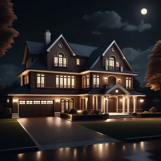 Prompt: (hyper realistic visual novel style ),
luxury house in dark brown tones at night