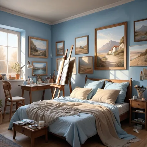 Prompt: realistic painting of a background,
male painter bedroom (bed is seen from side)  