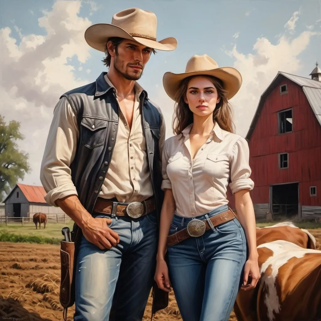 Prompt: Realistic high detsiled painting of Romantik couple . Cowboy and a city girl ( wearigh expensive city clothes) on farm.

Showing contrast of her inadequste clothes for farm
