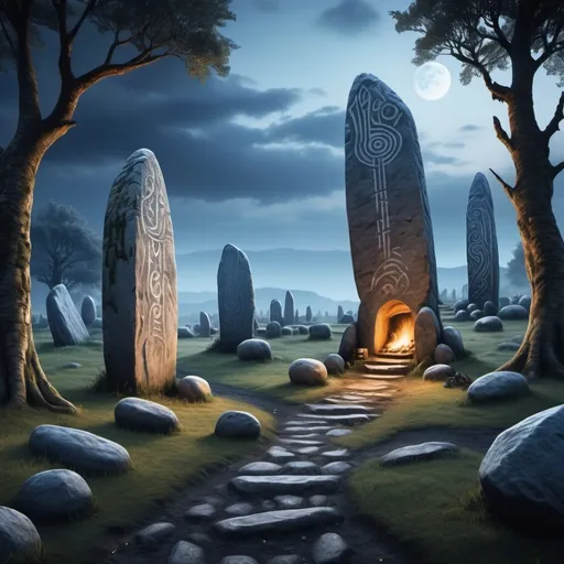 Prompt: (photo-realistic painting), background - authentic vining burial place with big tall single standing stones with viking ornaments, night scene, blue white tones


 vibrant details, visually immersive scene, rich textures, dim lighting, intricate wooden structures, verdant surroundings,, atmospheric ambiance, historical authenticity, ultra-detailed, cinematic depth, 