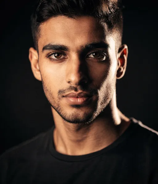 Prompt: 
modern potrait,
dramatic portrait of enigmatic young arabic man with radiant eyes, looking into camera, dramatic light, dark background

