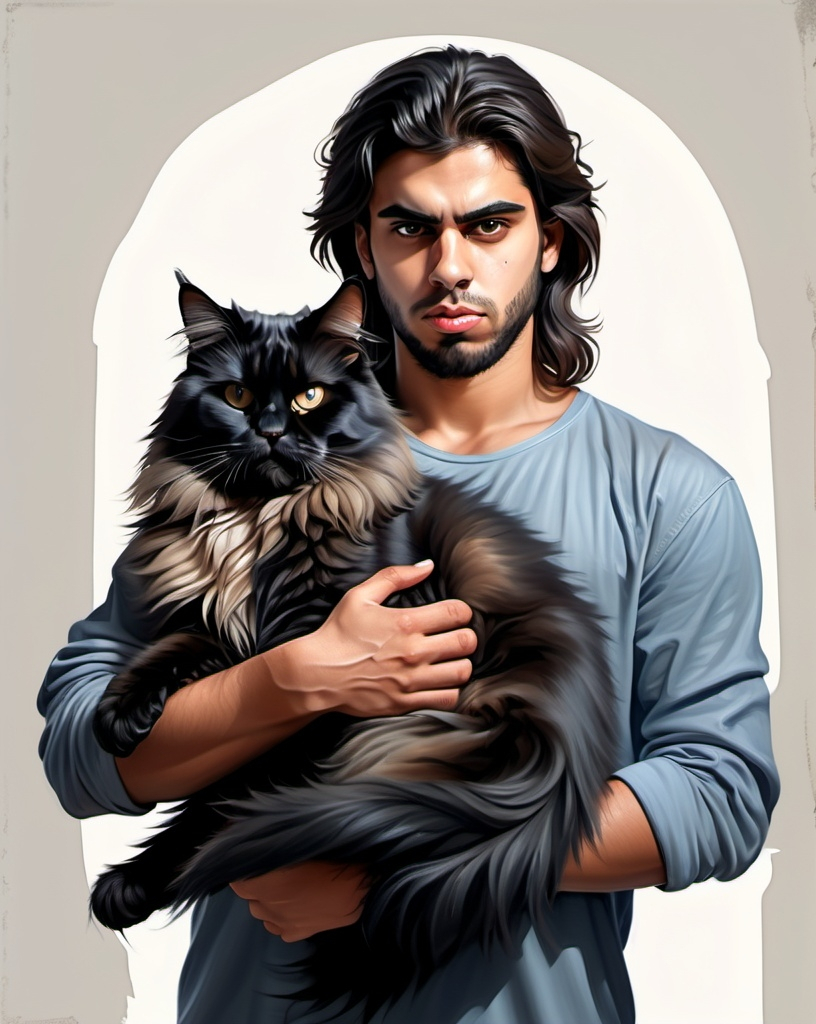 Prompt: (photorealistic painting full body ), a well build young good looking  beautifull arabic man short long hair holding huge black angry maincoon cat, cute  moment