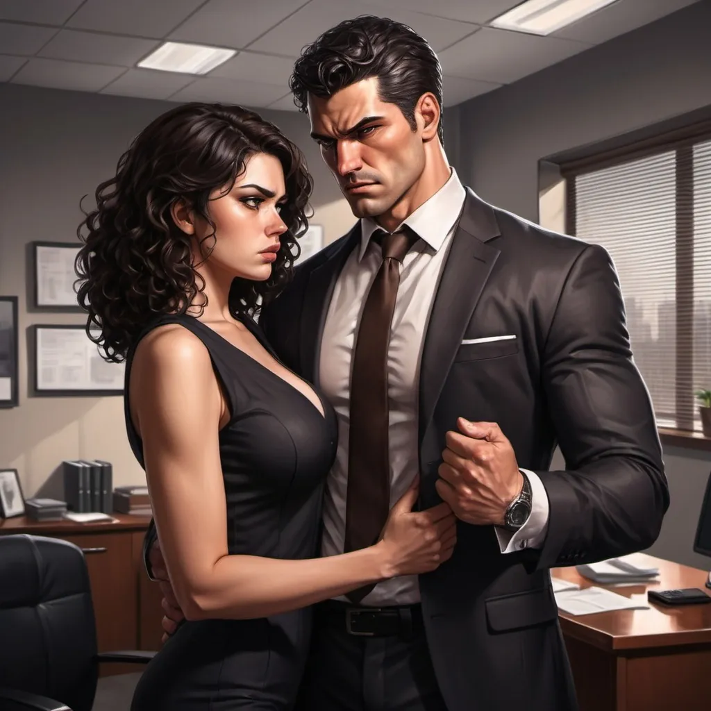 Prompt: painting in visual novel style realistic,
ruthles angry holding a woman. Man (short black hair)  muscular tall young handsome bussinesman with short very  curvy girl (brown curly hair) in elegant office suit , looking at the man, atmosfere of possesion, dominance  and submission,  no escape being ownen, in luxury dark omniouse office