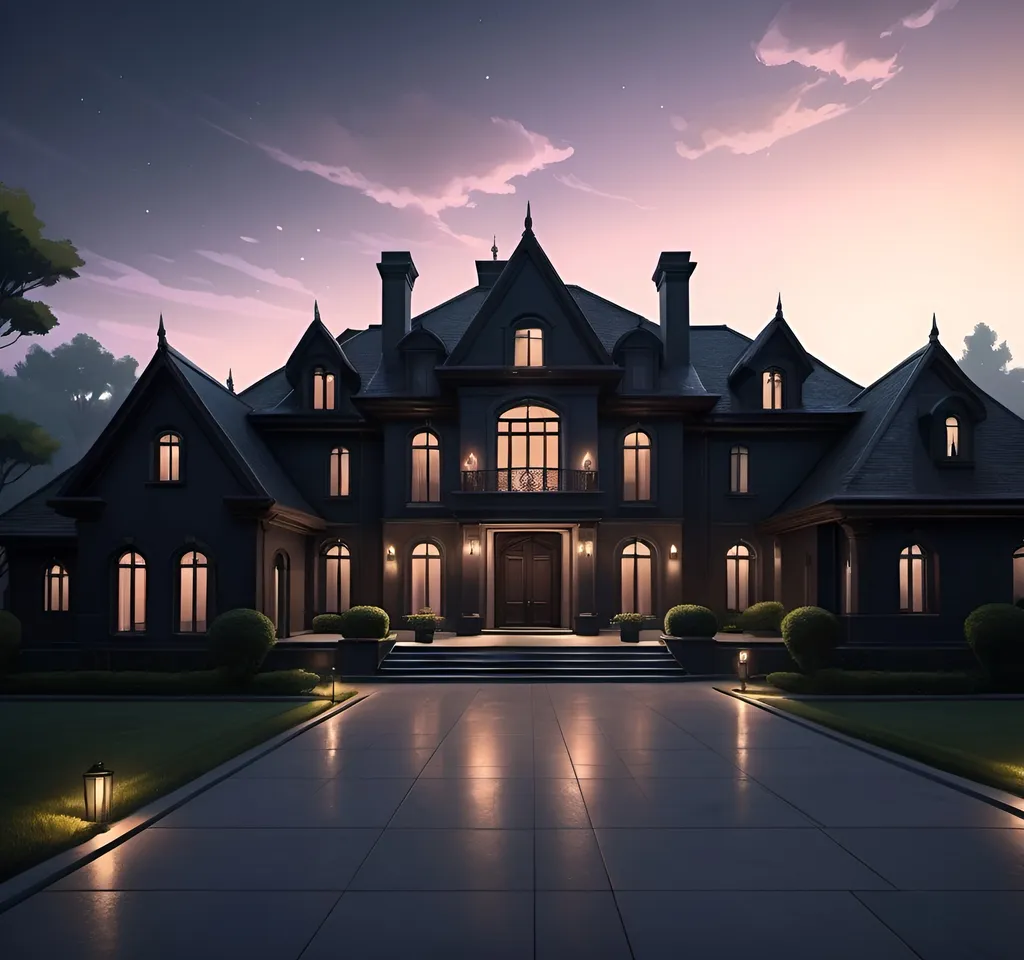 Prompt: (realistic visual novel style painting background)
Dark luxury ultra modern manison  with driveway