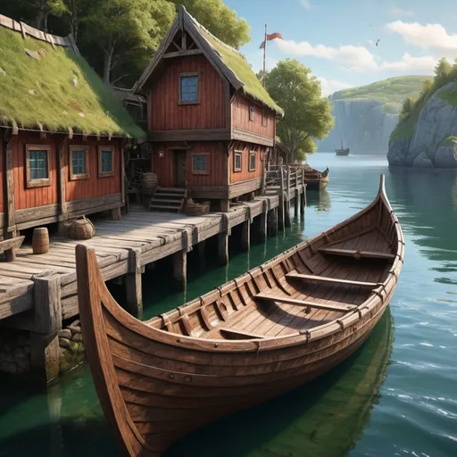 Prompt: (photo-realistic painting),  on board of authentic  viking boat in a port in  a sea bay  next to a viking village

 vibrant details, visually immersive scene, rich textures, soft lighting, intricate wooden structures, verdant surroundings, clear sky above, atmospheric ambiance, historical authenticity, ultra-detailed, cinematic depth, 