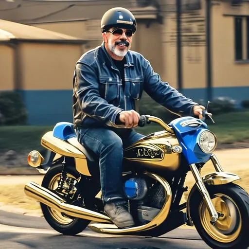 Prompt: Dave Ramsey riding a blue and gold colored motorcycle, hd, realistic