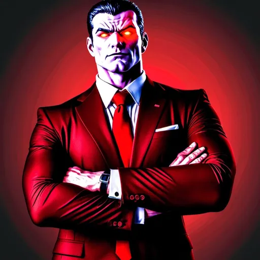 Prompt: Swole businessman with arms crossed, buff, muscular, wearing red suit, glowing red eyes, white pixelated face, anime art style, anime, long sleeves, suit, anime style, white shirt, red tie, white hands, white colored hands, white skin, white handkerchief in pocket, glowing eyes