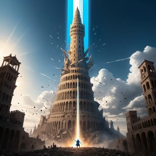 Prompt: Babel tower falling from the skies on the background, Shining blue sword in the front