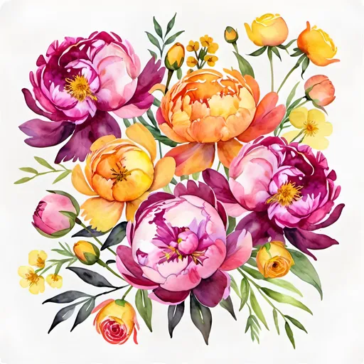 Prompt: Create a watercolor floral design with peonies, roses, and buttercups for a dance floor using the colors yellow, pink, dark pink, and orange. Put it on a white background. Use more pink than yellow and orange. Make the flowers look cohesive and composed well. Show a small amount of the background.