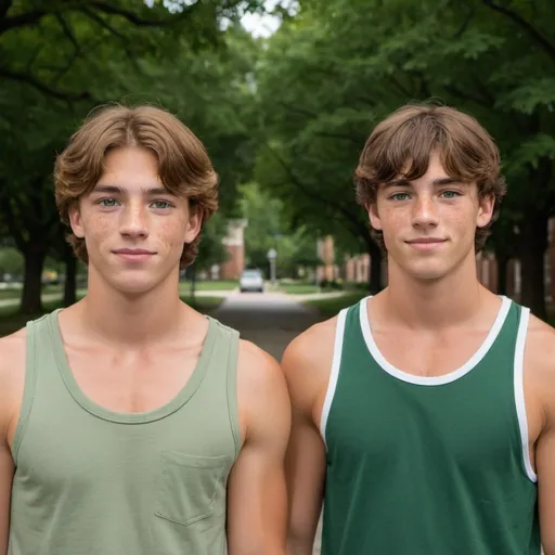 Prompt: A two young college students named Silas and Mateo. Mateo is tall, tan, with freckles and green eyes, brown hair. Silas is slightly shorter than matteo, white, brown eyes, andbrown hair. Both are buff college students with pecs