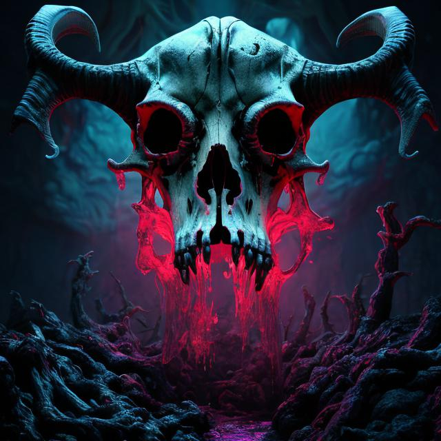 Prompt: HD, 3D, cartoon, goat skull, ethereal presence, floating, translucent, high-quality, detailed 3D rendering, demonic apparition, dripping radioactive sludge, bright acrylic paint, hauntingly ominous, otherworldly, surreal, mysterious, supernatural, matte black background, surreal lighting