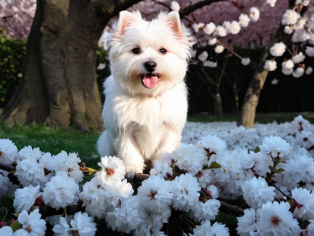 Prompt: this little white fluffy dog in the middle of blossom cherry trees.  
 