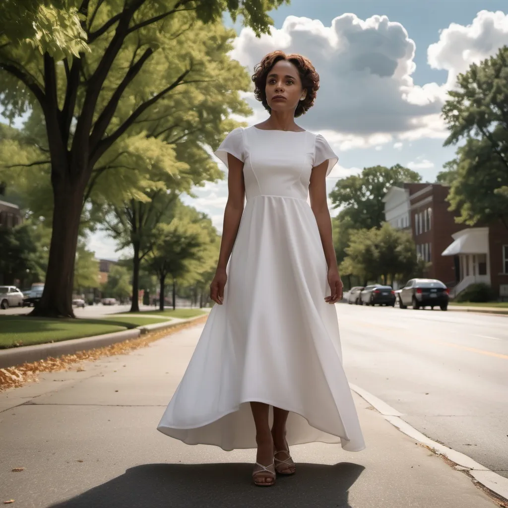 Prompt: a woman in a white dress standing on a sidewalk with trees in the background and a sky background with clouds, Daphne McClure, black arts movement, brown skin, a picture