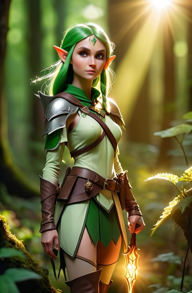Prompt: Elf ranger in a mystical forest around sunlight