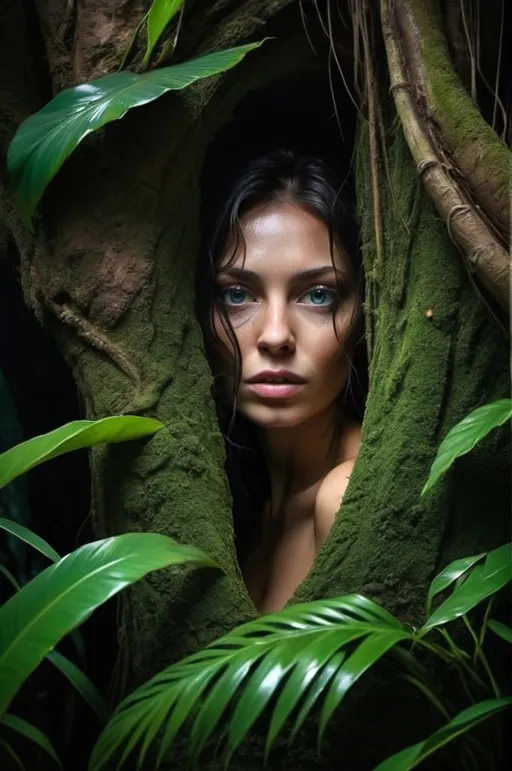 Prompt: A secret hiding place underground tree, tropical dark jungle, a beautiful wet woman peeking creeping out from inside