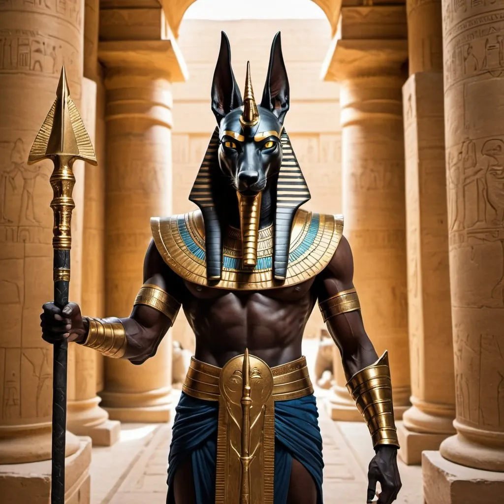 Prompt: Anubis in armor with a golden lance in his hand inside of a Egyptian temple