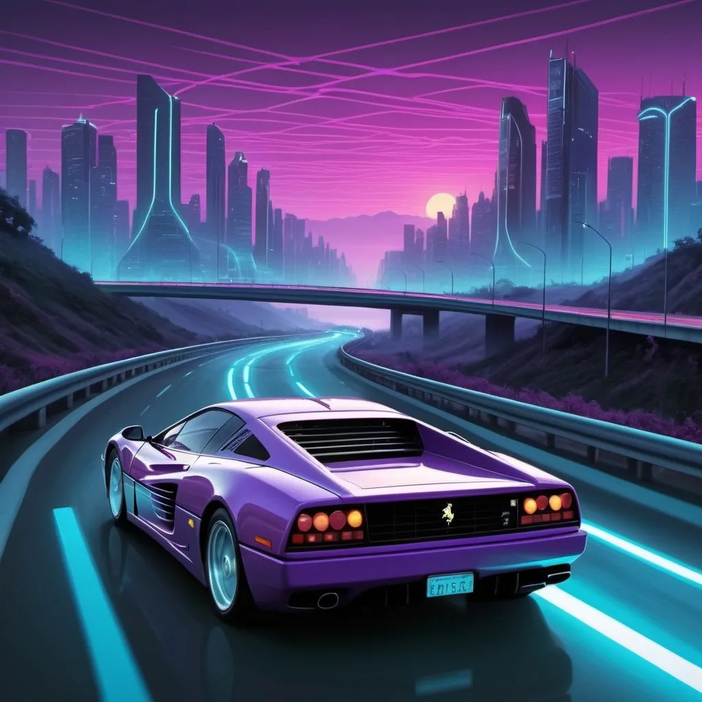 Prompt: Tron city with a ferrari testarossa purple going through highway at dawn 