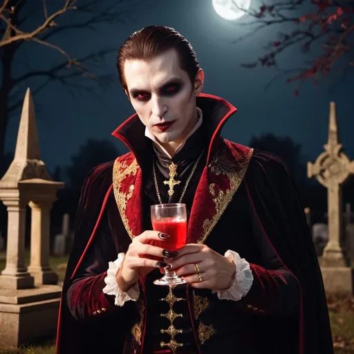 Prompt: Vampire monarchy drinking blood in a gold kalis in a graveyard at night during blood moon