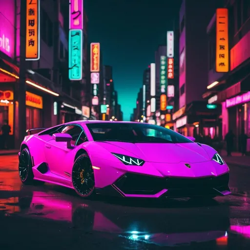 Prompt: Neon city at night with a lamborghini with vibrant color at dusk