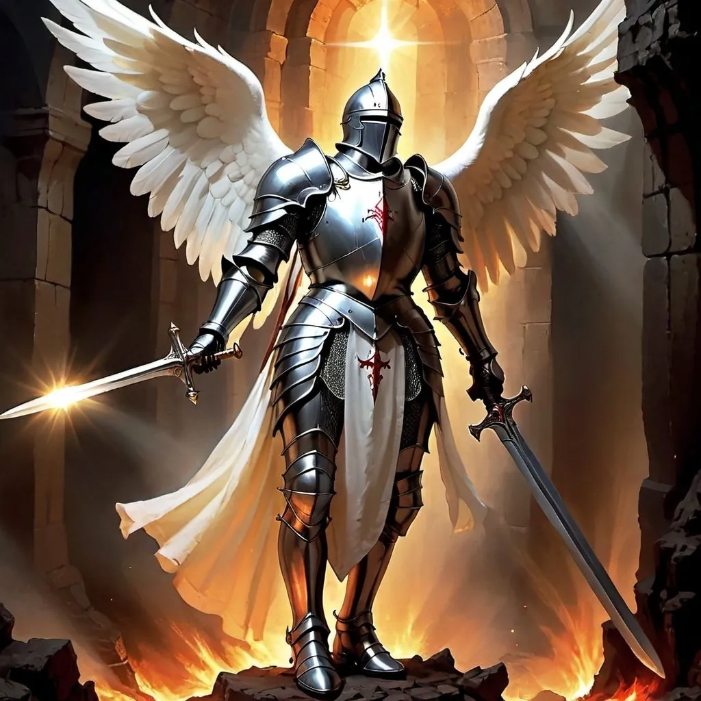 Prompt: Knight angel bring light in the deepest subterran of hell snd repealing evil