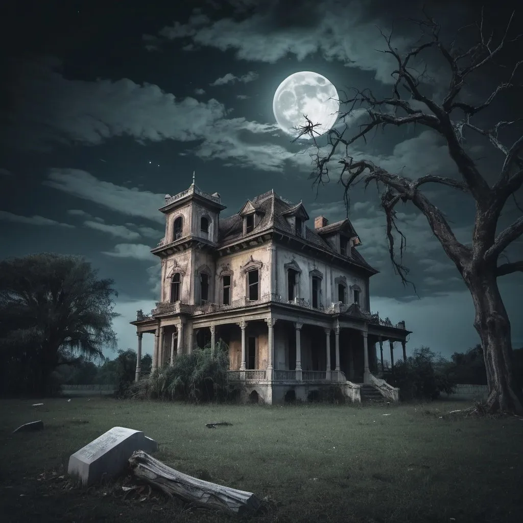 Prompt: Abandoned and damaged haunted mansion in the night cloudy sky with cresent moonwith dead tree with tombstone on the field and dark ambiance