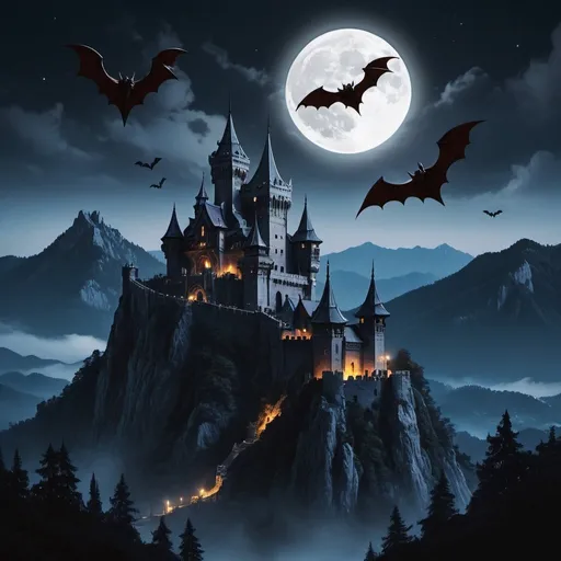 Prompt: Castlevania castle on moutain peak during the night with 3 bats flying far away toward the moon
