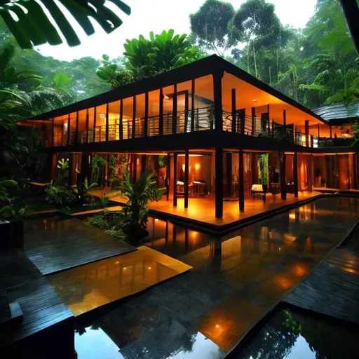 Prompt: a wbi sabi designed house  in rain forest  with sunset and slighly rain, weather slightly dark. no human.  with rain drop and indoor garden

