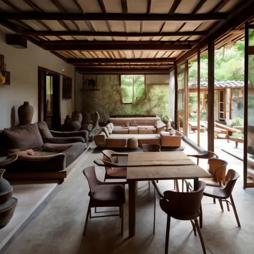 Prompt: wabi sabi villa fill with furniture and interior design
