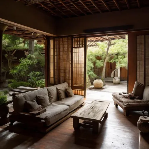 Prompt: wabi sabi villa fill with furniture and interior design
