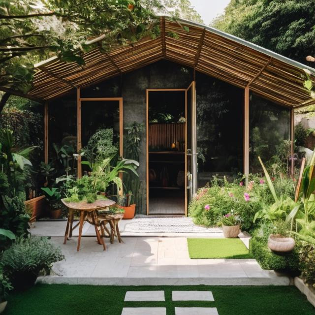 Prompt: modern vintage hut with garden