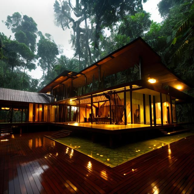 Prompt: a wbi sabi designed house  in rain forest  with sunset and slighly rain, weather slightly dark. no human. 