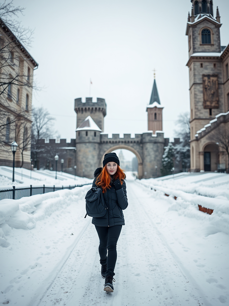 Prompt: blue eyes, red hair, woman walking down a snowy street in a city with a clock tower in the background and a gate in the foreground, winter, person walking on a snowy path in front of a castle. The person is wearing a black jacket, black pants, and a black warm hat. They are carrying a small black backpack and appear to be walking towards the castle. In the background, there is a large stone archway with a clock tower on the right side. The sky is overcast and the ground is covered in a thick layer of snow. 
do not generate image