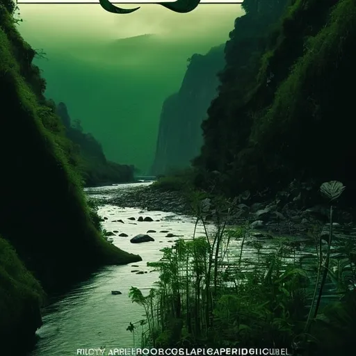 Prompt: VERTICAL LANDSCAPE OF AN ECUADORIAN RIVER WITH RESPECTIVE FLORA IN WHICH THE RIVER CALLS ALL THE ATTENTION OF THE IMAGE, WHICH IS MADE IN DARK GREEN TONES AND LOOKS ELEGANT FOR A FILM COVER
