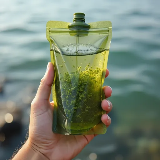 Prompt: edible packing for drinking water packet for sportsmen, food wrapping film from seaweeds as solution to plastic pollution
