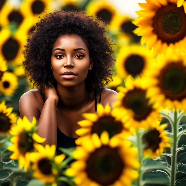 Prompt: a black womans face  with sunflowers in backdrop