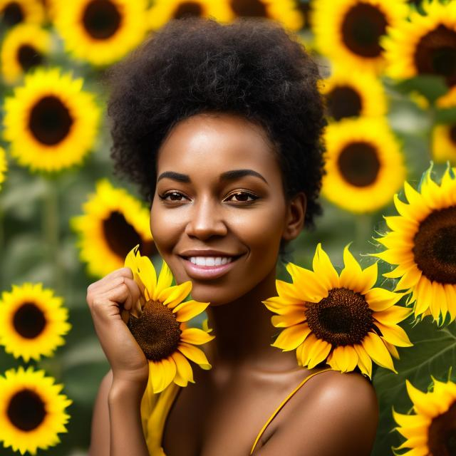 Prompt: a black womans face  with sunflowers in backdrop