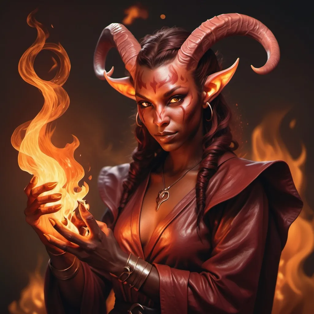 Prompt: hyper-realistic Tiefling character with fire hands, fantasy character art, illustration, dnd, warm tone