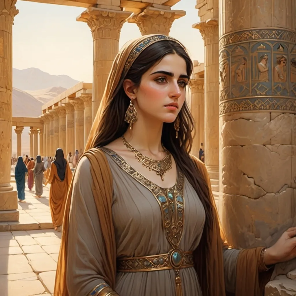 Prompt: persian traditional women in front of persepolis in John William Waterhouse style painting 