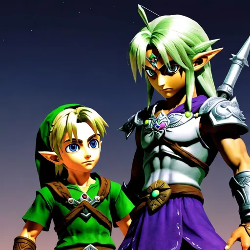 Prompt: Fierce Deity Link holding Young Link from Majora's Mask