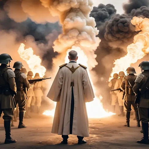 Prompt: Shot from back, Man wearing white wizard robe holding old tome standing in the middle in the border between two warring nations, in the left and right image there are military army facing each other wearing tactical suit and holding mechanical weapons, blurred smoke in the background.