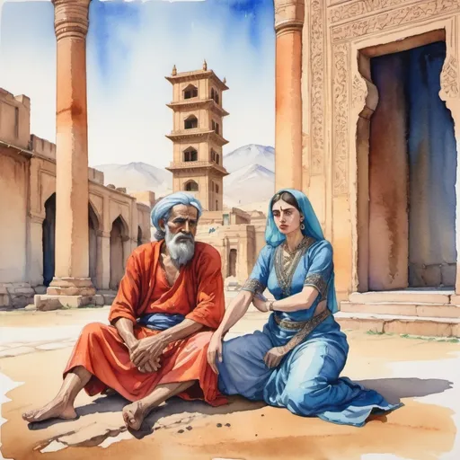 Prompt: Watercolor Painting illustration with vibrant color, ancient man with skin disease sit in ground wearing no cloth, a woman wearing royal Persian dress crossing hands standing behind the man  with angry face, wide view, ancient building in the background