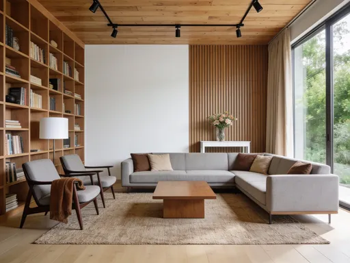 Prompt: This is a photograph of a modern, minimalist living room with a warm, natural aesthetic. The room features a neutral color palette with beige, brown, and light gray tones. The focal point is a L-shaped sectional sofa in light gray fabric, adorned with several brown and beige throw pillows, positioned on a textured beige rug. In front of the sofa is a wooden coffee table with a sleek, rectangular design.

To the left of the sofa, there are two mid-century modern armchairs with dark wooden frames and light gray upholstery. One chair has a brown throw draped over its arm. Behind the chairs, a tall, wooden floor-to-ceiling bookshelf is filled with books and decorative items, including a white lamp with a cylindrical shade.

The back wall is divided into two sections: the left half is plain white, and the right half features a vertical wooden slat panel. A small, white console table with a vase of flowers is placed against the slat panel. The ceiling is made of wooden planks, adding warmth to the space, and is equipped with black track lighting. On the right side, large floor-to-ceiling windows with beige curtains provide a view of greenery outside. The floor is made of light-colored wood, complementing the overall natural theme. 