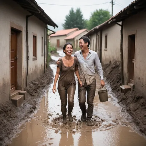 Prompt: A couple laughing and walking in mud made houses street