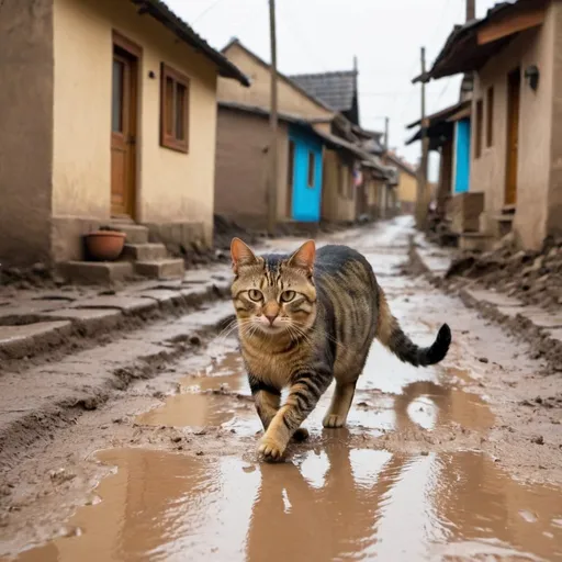 Prompt: cat running in the street of mud made houses