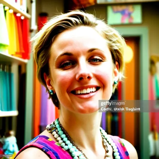 Prompt: (ultra-detailed) profile picture, trendy white woman, vibrant spunky short hair, expressive smile, stylish thrift store outfit, vintage accessories, unique background of a colorful thrift shop, warm and inviting ambiance, playful and cheerful tone, capturing her love for bargain hunting, sharp focus, high resolution, contemporary aesthetics