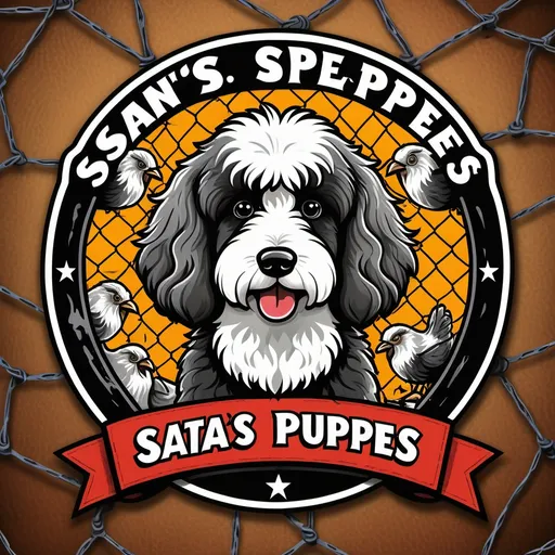 Prompt: Stylized biker gang emblem, (happy sheepadoodle puppy), (playful chicken), chicken wire background, bold lettering of accurately spelled text “Satan’s Puppies", vibrant colors, gritty texture, edgy design, perfect for leather jackets, cartoonish style, eye-catching composition, whimsical and rebellious vibe, edgy atmosphere, ultra-detailed, high-quality graphic.