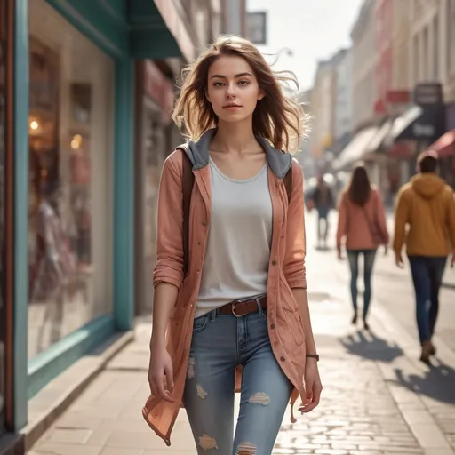 Prompt: (tall young woman walking down the high street), (realistic details), detailed clothing, natural lighting, urban environment, vibrant storefronts, dynamic atmosphere, casual pose, friendly expression, soft colors, captivating background, HD, ultra-detailed, reflectiveness in clothing textures, showcasing the essence of city life.