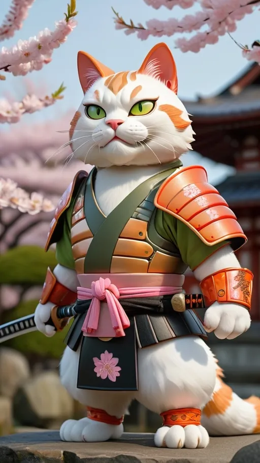 Prompt: A large, anthropomorphic cat with a muscular build, wearing traditional samurai armor. The armor is intricately designed with patterns of dragons and cherry blossoms, and the cat’s fur is a mix of orange and white with striking green eyes. It holds a katana with a fierce yet calm expression, ready for battle. The background is a serene Japanese garden at sunset, with cherry blossom petals falling gently and a traditional temple in the distance.