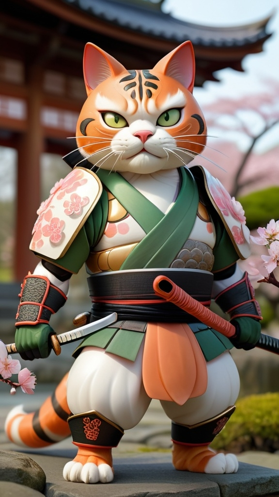 Prompt: A large, anthropomorphic cat with a muscular build, wearing traditional samurai armor. The armor is intricately designed with patterns of dragons and cherry blossoms, and the cat’s fur is a mix of orange and white with striking green eyes. It holds a katana with a fierce yet calm expression, ready for battle. The background is a serene Japanese garden at sunset, with cherry blossom petals falling gently and a traditional temple in the distance.